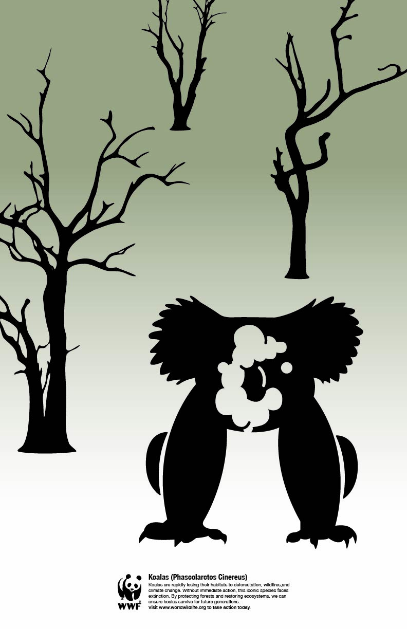 No Way to Live - WWF poster merging endangered koala with industrial cooling tower symbolizing climate impact